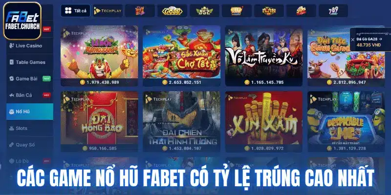 Các game nổ hũ Fabet có tỷ lệ trúng cao nhất